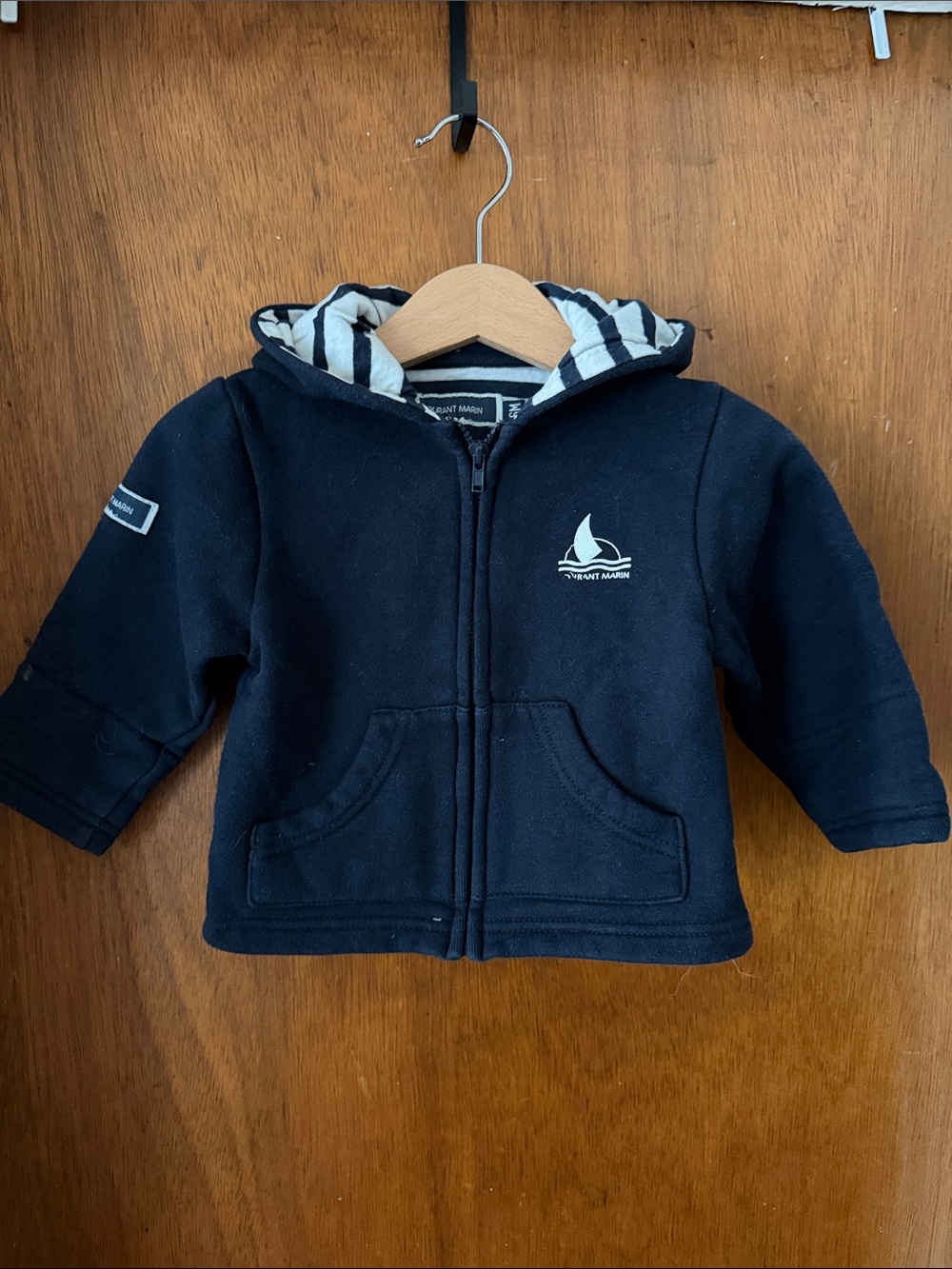 Kids Navy Zip Hoodie with Striped Lining by Petit Bateau